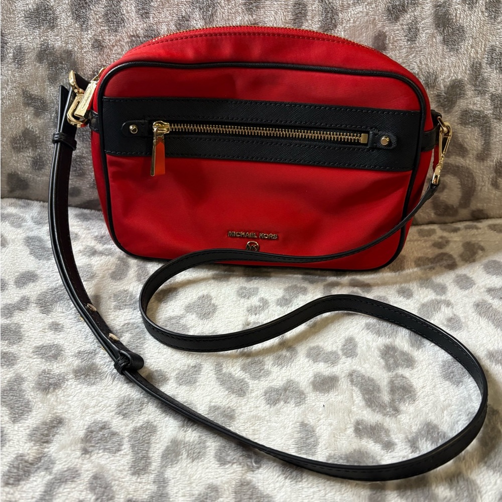Michael Kors Red and Black Crossbody Bag with Gold Accents